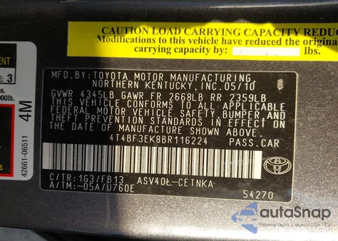 2011 Toyota Camry Le from USA, damaged, VIN 4T4BF3EK8BR116224